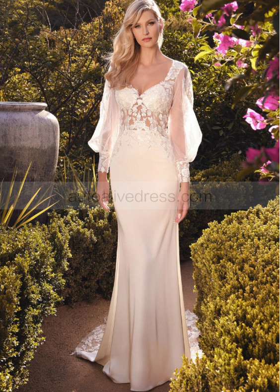 Vintage Long Sleeves Ivory Lace Satin Wedding Dress Vintage Long Sleeves Ivory Lace Satin Wedding Dress